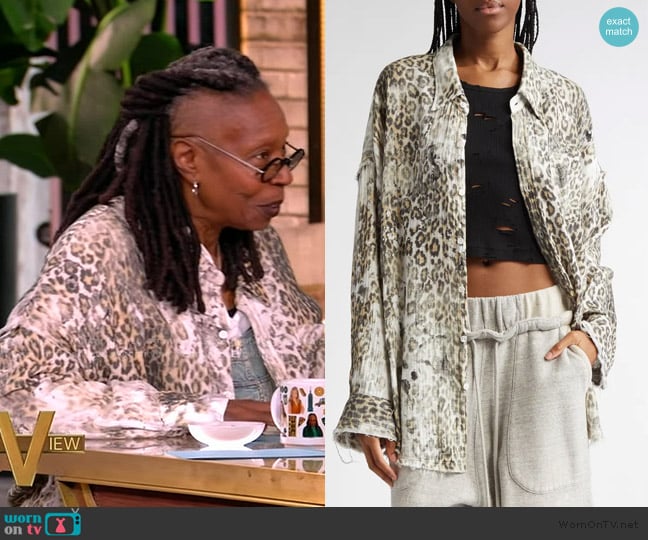 R13 Shredded Seam Drop Neck Leopard Print Button-Up Shirt worn by Whoopi Goldberg on The View