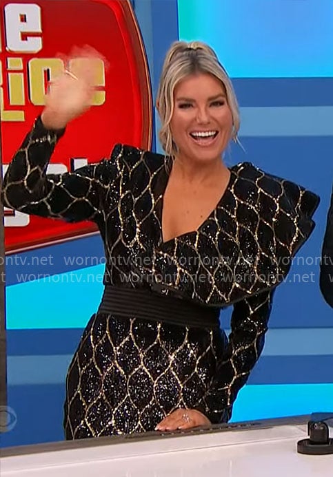 Rachel's black and gold sequin mini dress on The Price is Right