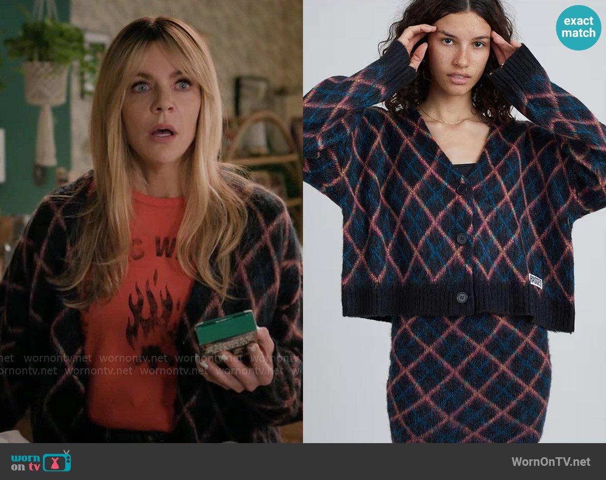 The Ragged Priest Oversized Cardigan In Argyle Knit worn by Morgan Gillory (Kaitlin Olson) on High Potential