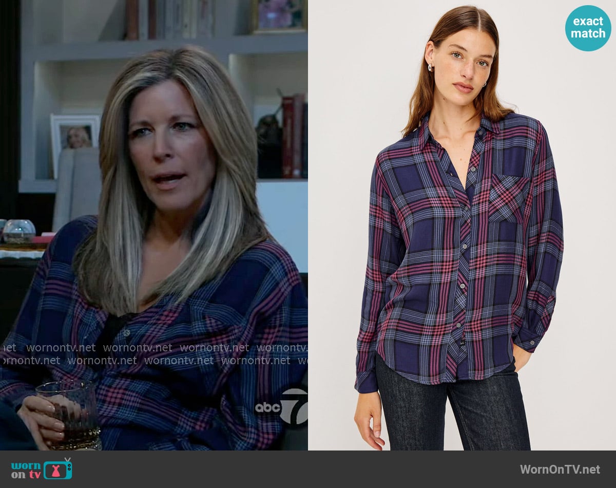 Carly’s navy and pink plaid shirt on General Hospital