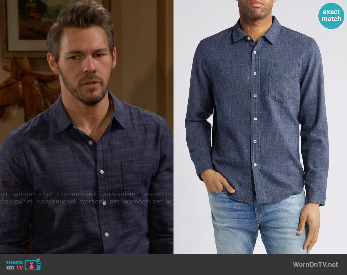 Rails Wyatt Shirt in Navy Etch worn by Liam Spencer (Scott Clifton) on The Bold and the Beautiful