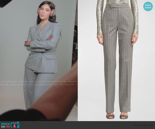 Ralph Lauren Alecia Chalkstripe Slim-Leg Flannel Pants worn by Kim Kardashian (Kim Kardashian) on The Kardashians