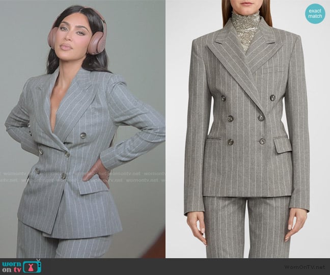 Ralph Lauren Safford Chalk Stripe Double-Breast Flannel Blazer worn by Kim Kardashian (Kim Kardashian) on The Kardashians