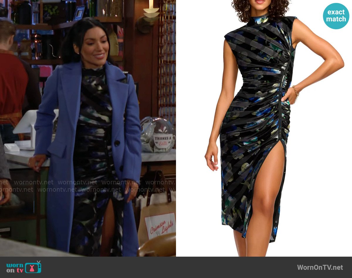 Audra’s metallic ruched dress with slit on The Young and the Restless