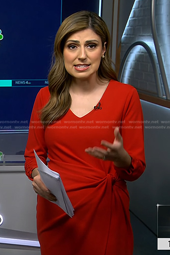 Rana Novini’s red ruched sleeve dress on NBC News Daily