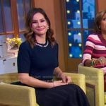 Rebecca’s navy embellished neck sweater and knit skirt on Good Morning America