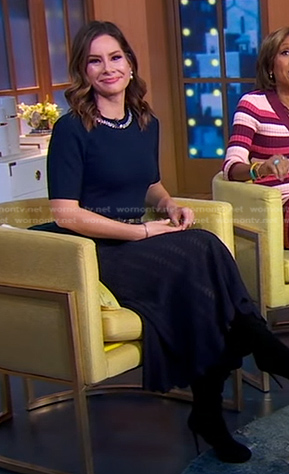 Rebecca’s navy embellished neck sweater and knit skirt on Good Morning America