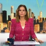 Rebecca’s pink v-neck plaid cardigan on Good Morning America