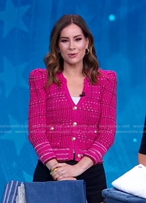 Rebecca's pink v-neck plaid cardigan on Good Morning America