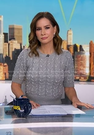 Rebecca's grey pearl embellished sweater on Good Morning America