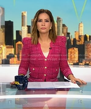Rebecca's pink v-neck plaid cardigan on Good Morning America