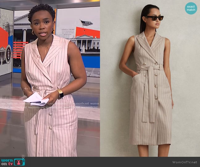 Reiss Andie Pinstripe Sleeveless Coat Dress in Neutral worn by Zinhle Essamuah on NBC News Daily