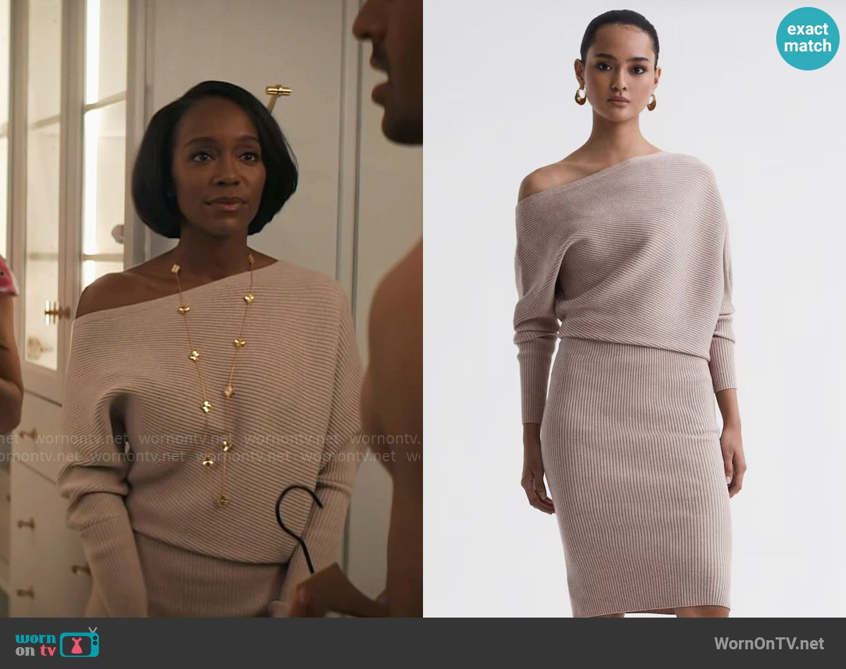 Reiss Lara Dress in Neutral worn by Catherine (Aja Naomi King) on Grosse Pointe Garden Society