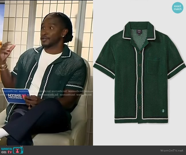 Reiss Lucca Crochet Tipped Camp Shirt in Dark Green worn by Scott Evans on Access Hollywood