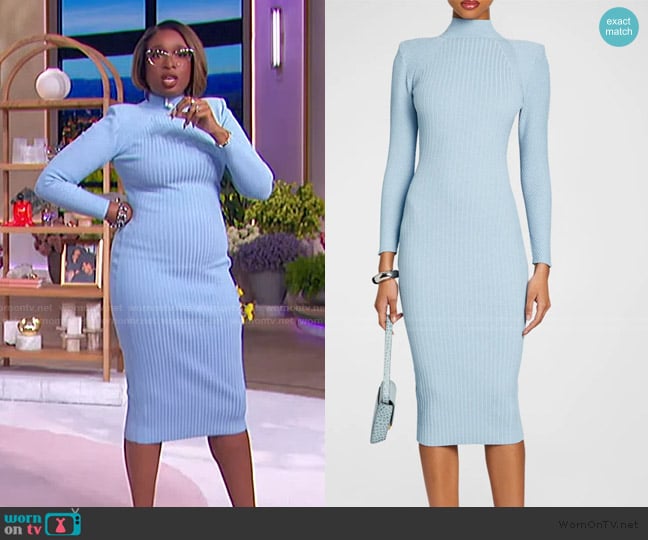 Retrofete Aylin Padded-Shoulder Ribbed Midi Bodycon Dress worn by Jennifer Hudson on The Jennifer Hudson Show