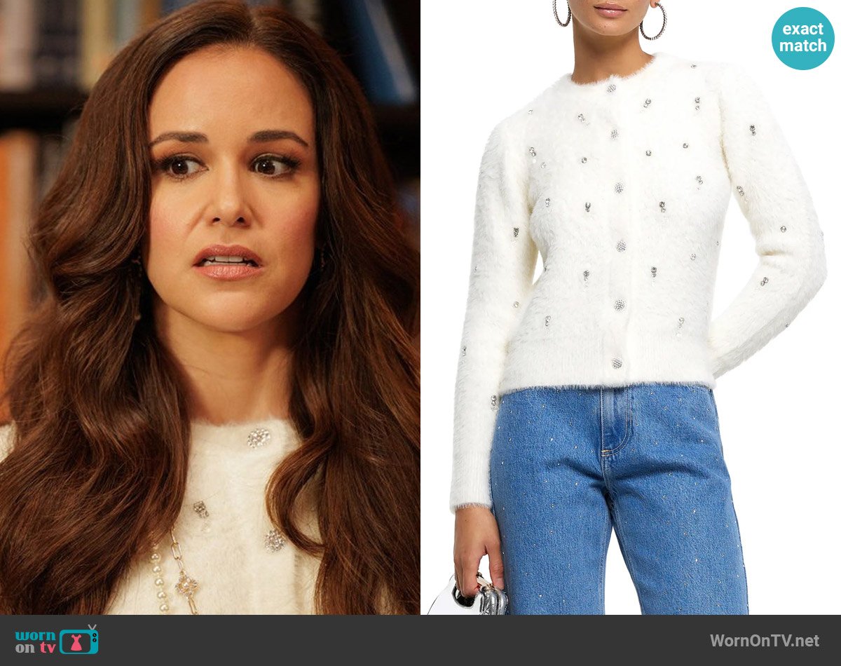 River Island Crystal Embellished Fluff Cardigan worn by Birdie (Melissa Fumero) on Grosse Pointe Garden Society