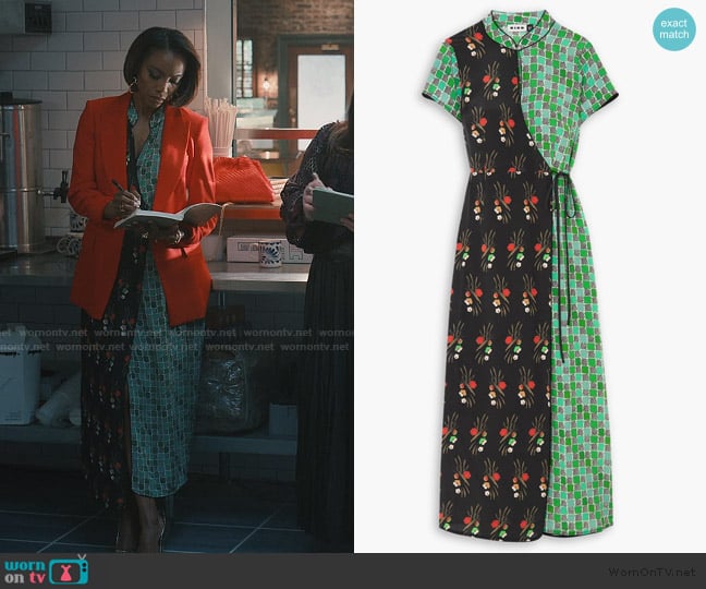 Rixo Carole printed patchwork-effect silk-crepe midi wrap dress worn by Helen Decatur (Heather Headley) on Sweet Magnolias