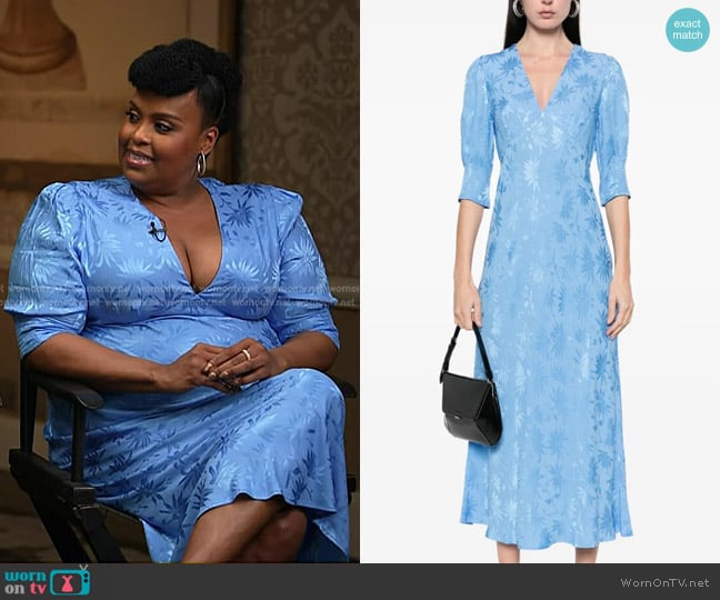 Rixo Zadie Jacquard Midi Dress in Daisy Jacquard Blue worn by Natasha Rothwell on Today