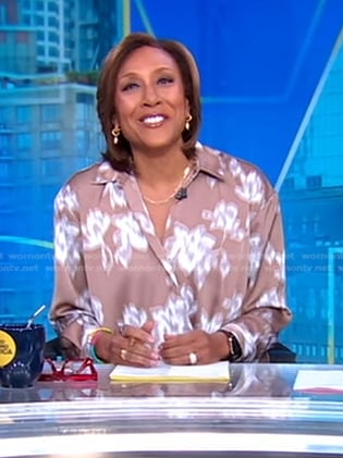 Robin's beige print wrap blouse on Good Morning America