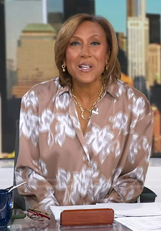 Robin's beige print wrap blouse on Good Morning America