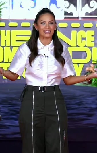 Rocsi's pearl collar cropped shirt and green cargo pants on Good Morning America