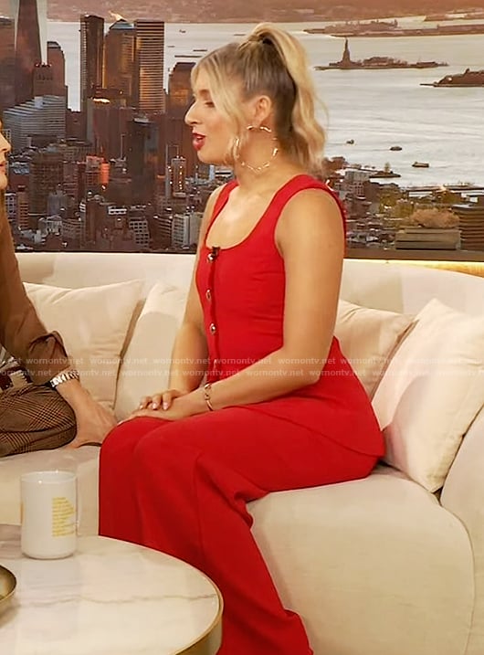 Sabrina Brier's red sleeveless jumpsuit on The Drew Barrymore Show