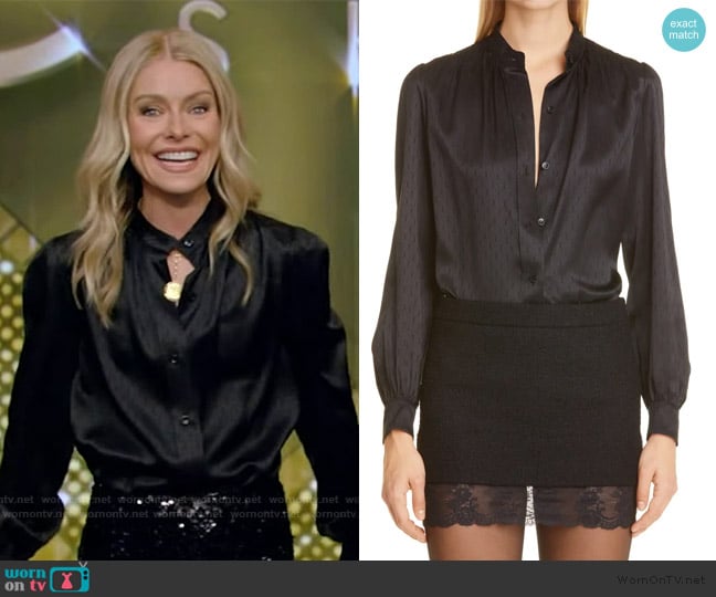 Saint Laurent Monogram Silk Jacquard Blouse worn by Kelly Ripa on Live with Kelly and Mark