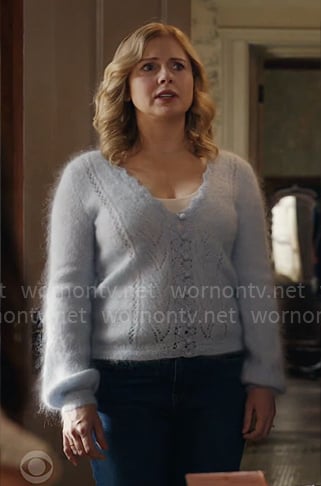 Sam’s light blue fluffy cardigan on Ghosts