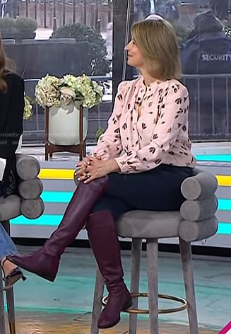 Samantha Brown’s pink floral blouse and purple over the knee boots on Today