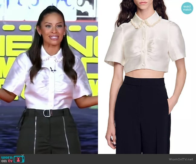 Sandro Beaded Satin-Effect Cropped Shirt worn by Rocsi Diaz on Good Morning America