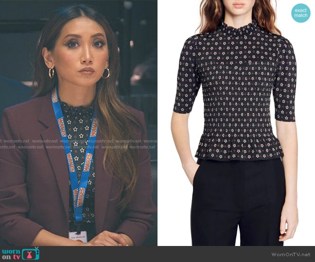 Sandro Drouot Print Smocked Mock Neck Top worn by Ali Lee (Brenda Song) on Running Point