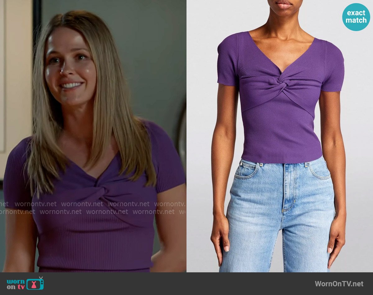 Sandro Twist-front cropped ribbed-knit top worn by Lyla Novak (Jocelyn Hudon) on Chicago Fire