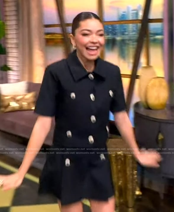 Sarah Hyland's black button detail jacket and mini skirt on The View