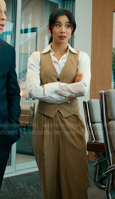 Sarah’s camel pinstripe vest and pants set on Matlock