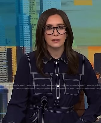 Savannah's navy tie waist dress with white stitching on NBC News Daily