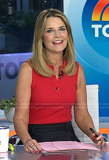 Savannah's red sleeveless polo top on Today