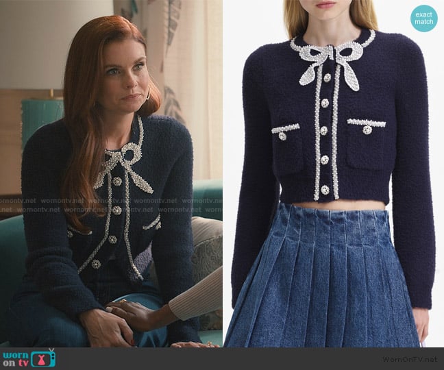 Self Portrait Bow Embellished Knitted Cardigan worn by Maddie Townsend (JoAnna Garcia Swisher) on Sweet Magnolias