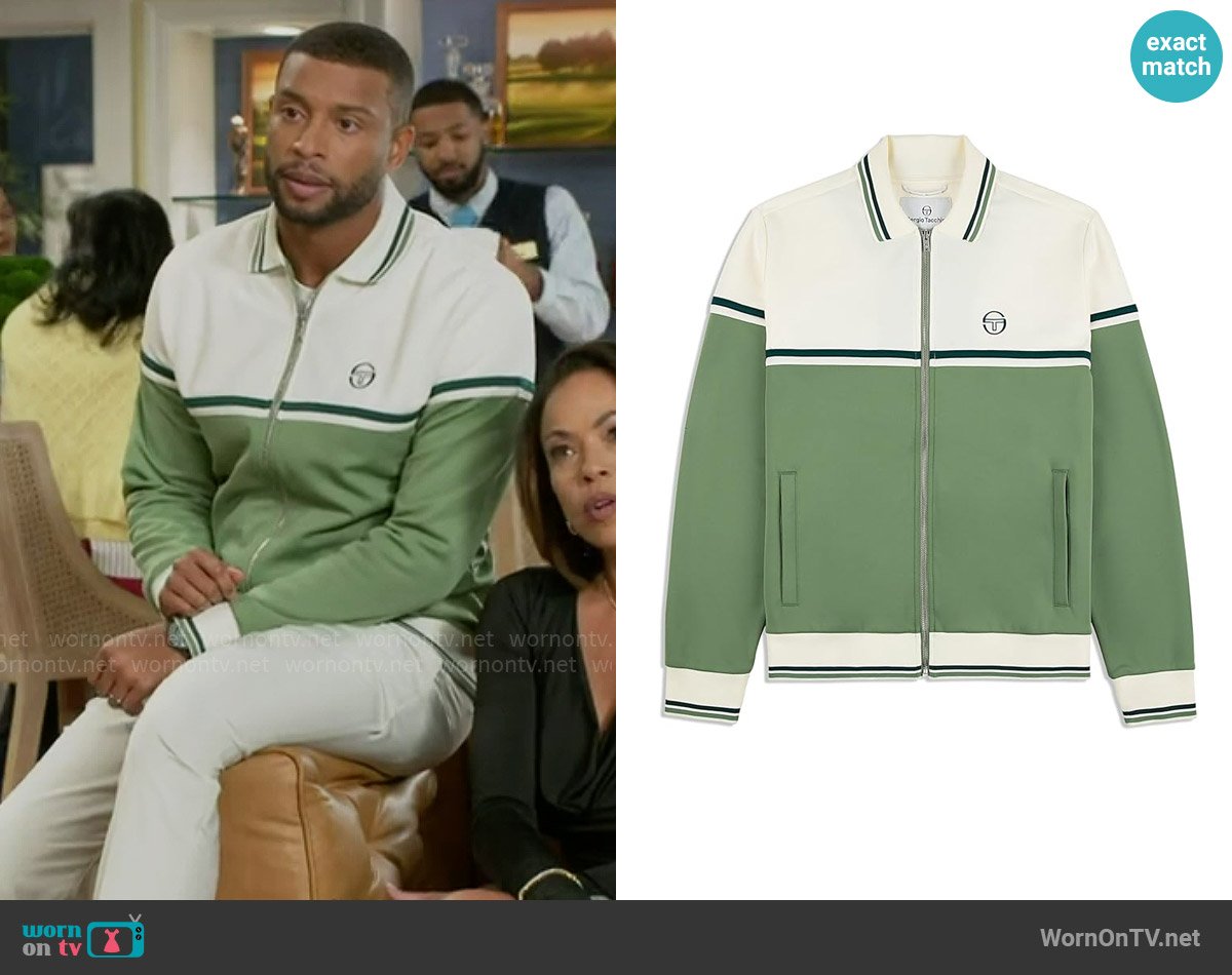 Sergio Tacchini Olmi Track Jacket in Hedge Green worn by Martin Richardson (Brandon Claybon) on Beyond the Gates