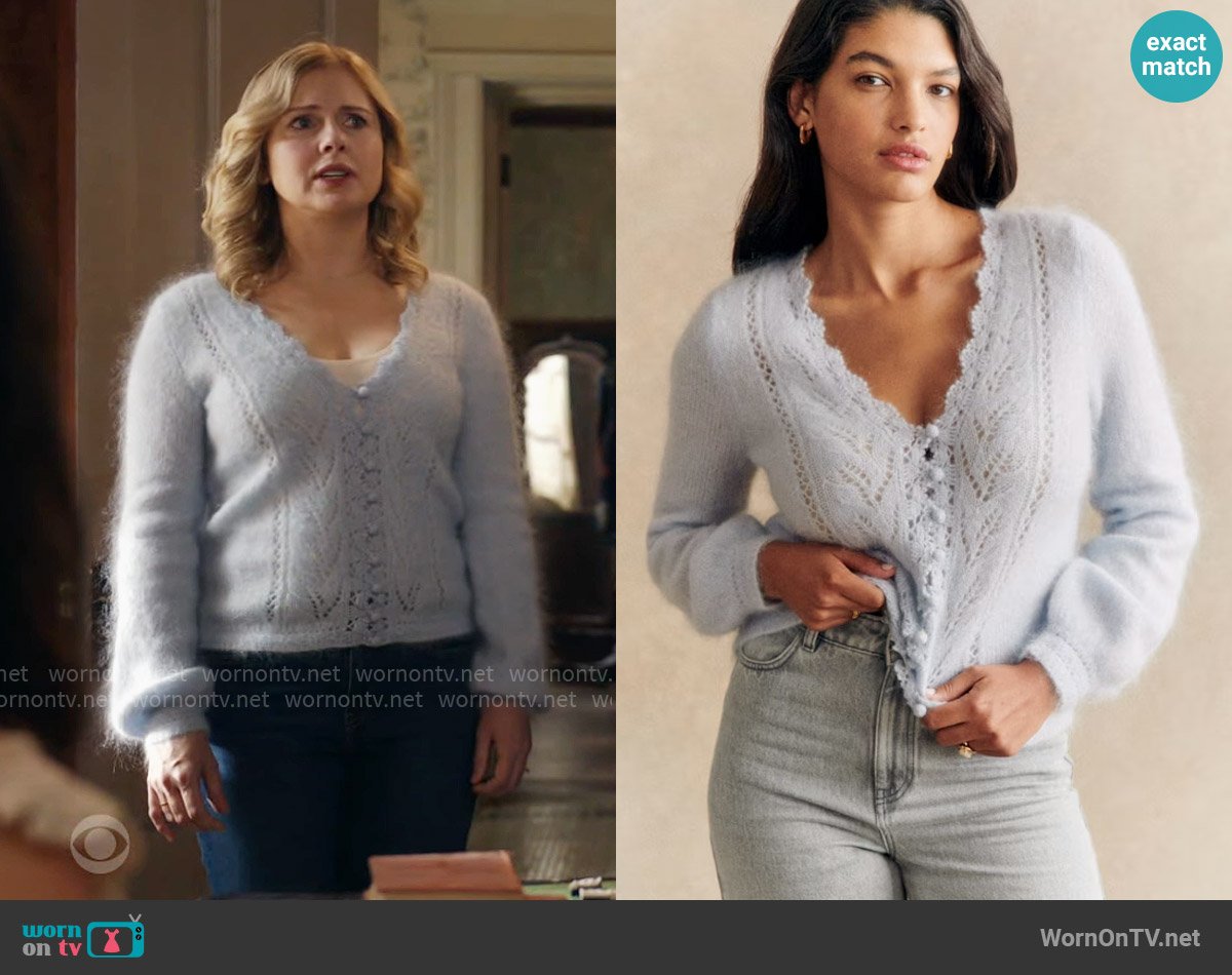 Sezane Angelo Cardigan in Sky Blue worn by Sam (Rose McIver) on Ghosts