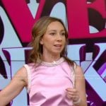 Shannon Doherty’s pink embellished trim dress on Live with Kelly and Mark