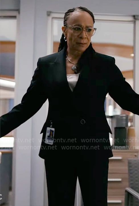 Sharon's black asymmetric blazer on Chicago Med