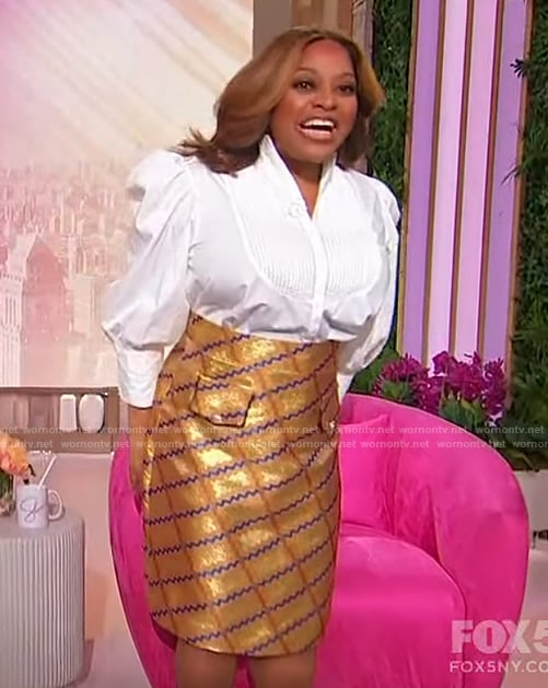 Sherri's metallic skirt and puff sleeve blouse on Sherri