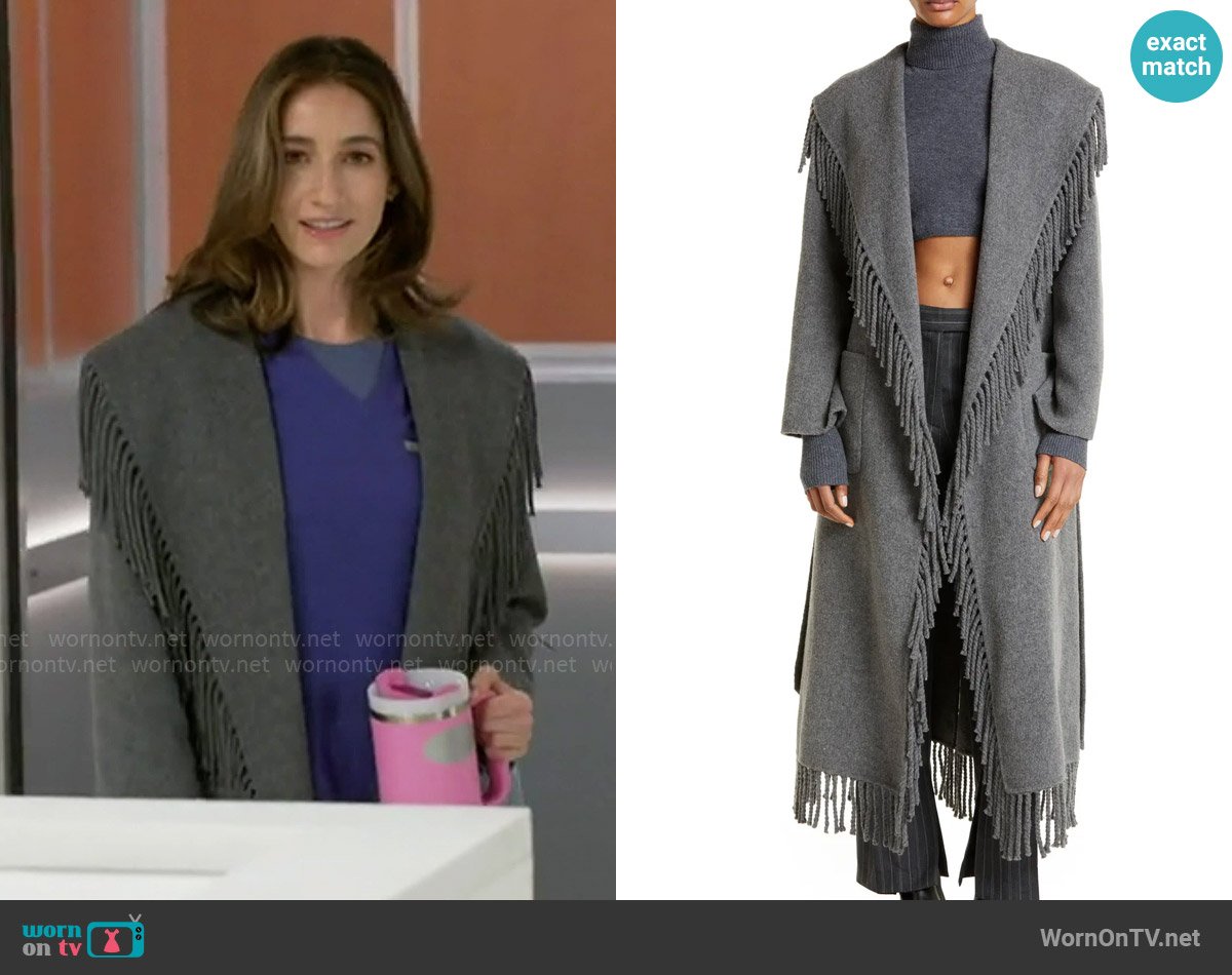 Simkhai Carrie Fringe Wool Blend Robe Coat worn by Ashley Morgan (Jen Jacob) on Beyond the Gates