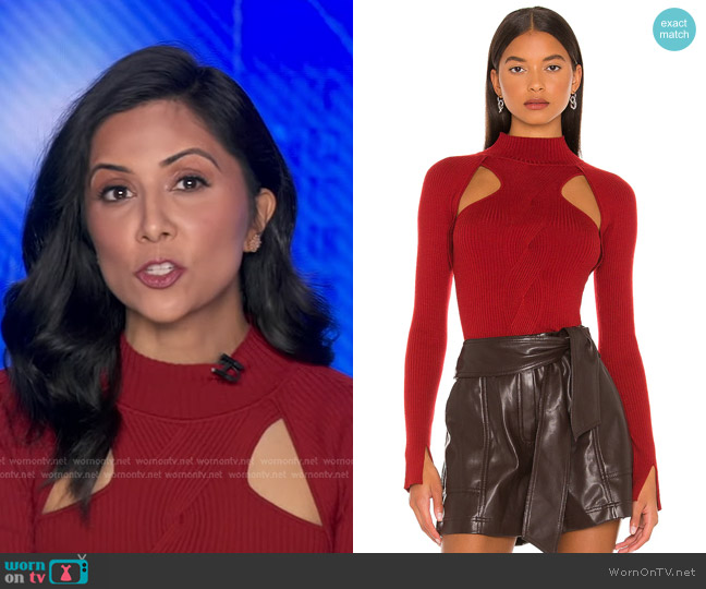 Simkhai Keegan Twisted Cable Top in Garnet worn by Zohreen Shah on Good Morning America