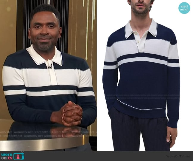 Simkhai Louis Regular Fit Striped Wool Polo Sweater worn by Justin Sylvester on E! News