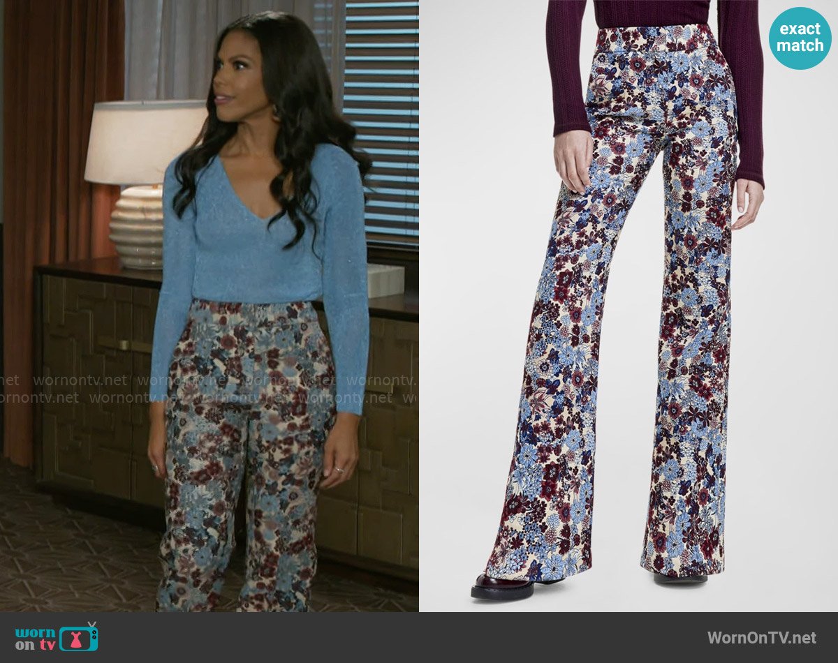 Smythe Floral Jacquard Straight-Leg Trousers worn by Dani Dupree (Karla Mosley) on Beyond the Gates