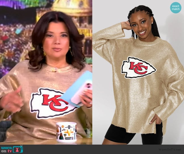 Soho Kansas City Chiefs Shine Down Oversized Metallic Sweater worn by Ana Navarro on The View