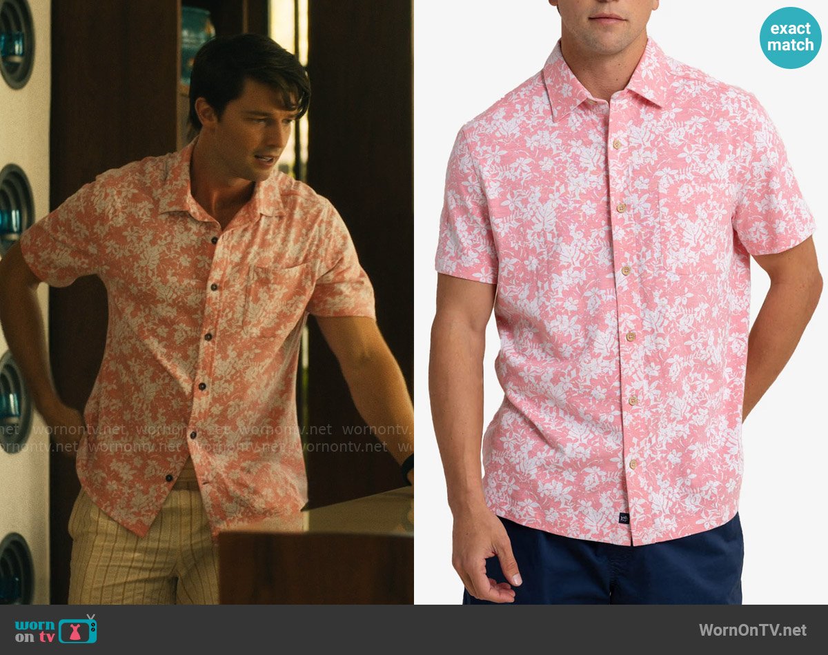 Southern Tide Beachcast Shirt in Geranium Pink worn by Saxon Ratliff (Patrick Schwarzenegger) on The White Lotus