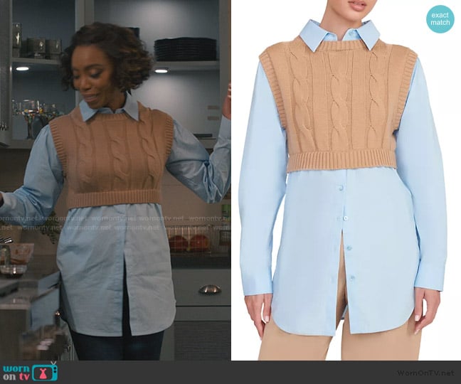 Staud Cooper layered cable-knit wool and cotton-poplin top worn by Helen Decatur (Heather Headley) on Sweet Magnolias