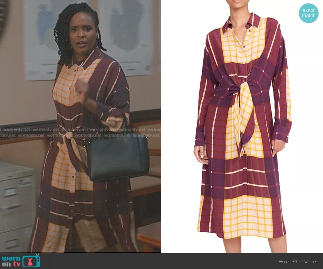 Staud Elsa Checked Tie-Waist Shirtdress worn by Peggy Martin (Brittany L. Smith) on Sweet Magnolias